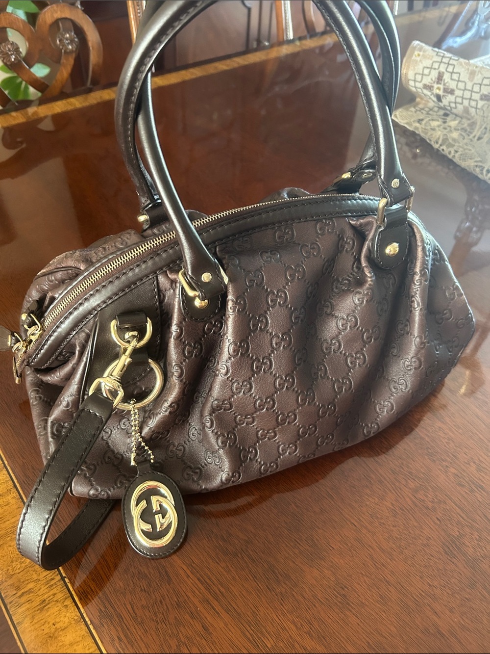 Gucci Brown GG Jacquard Shoulder Bag with Gold Hardware